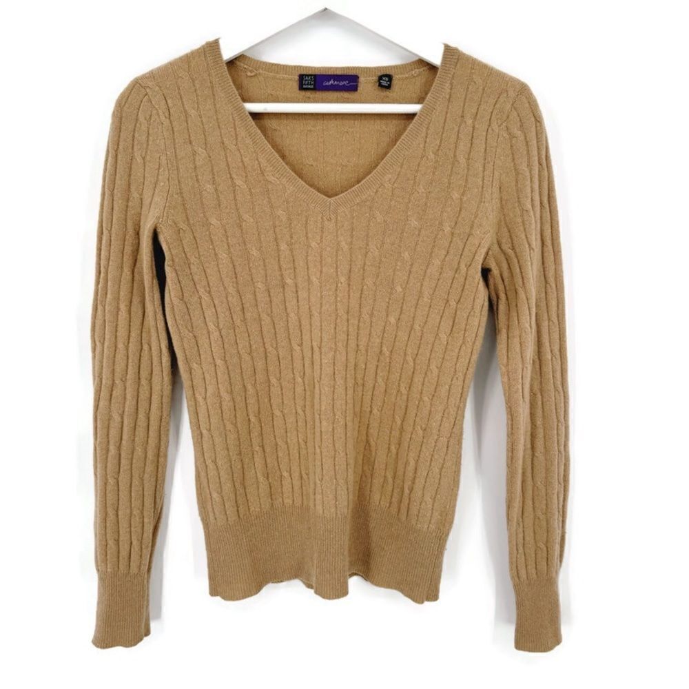 Saks Fifth Avenue V-Neck Cable Knit Cashmere Sweater XS